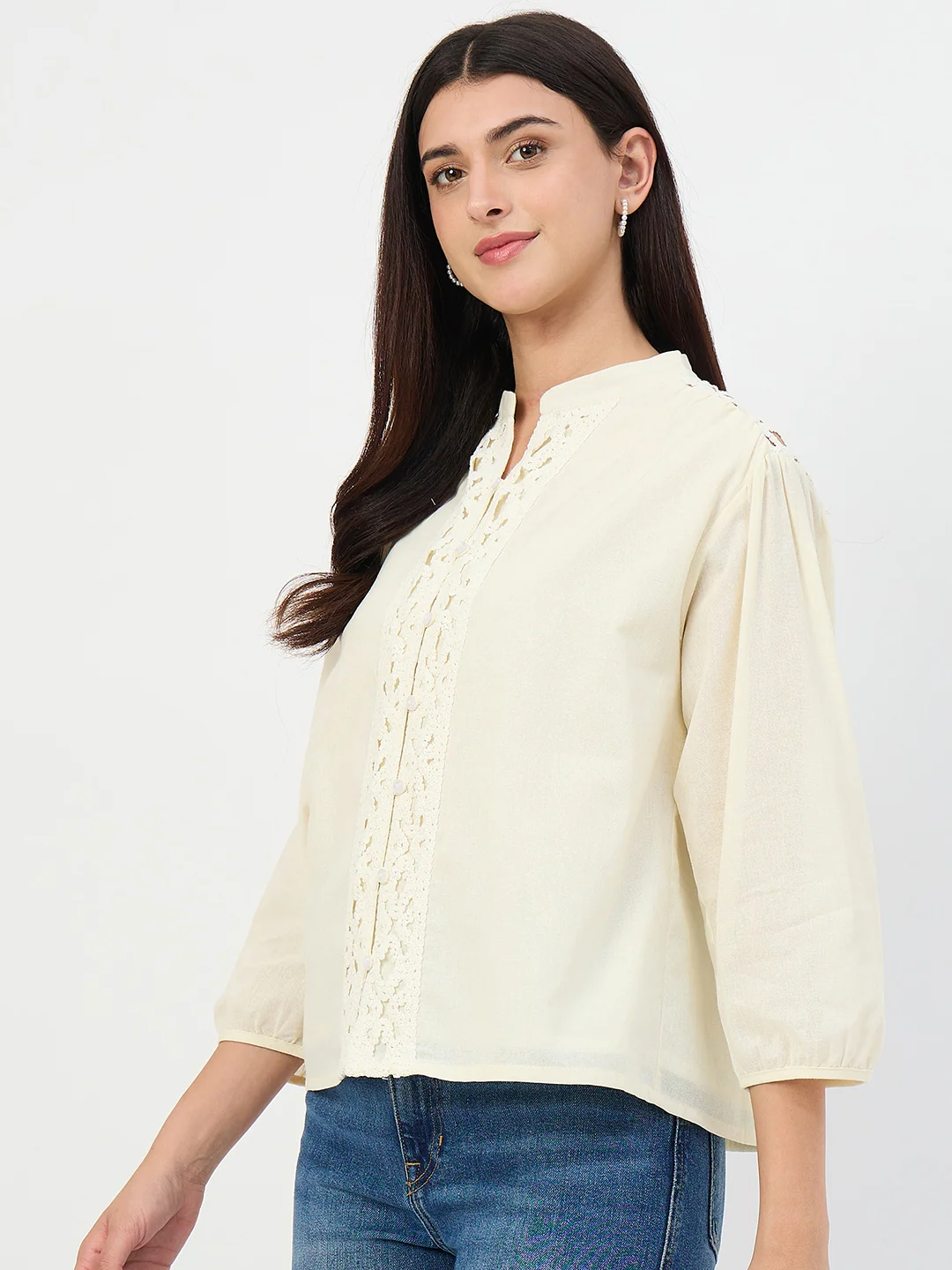 Madame Off-White Crochet-Lacework Cotton Mandarin-Collar Top - Image 6