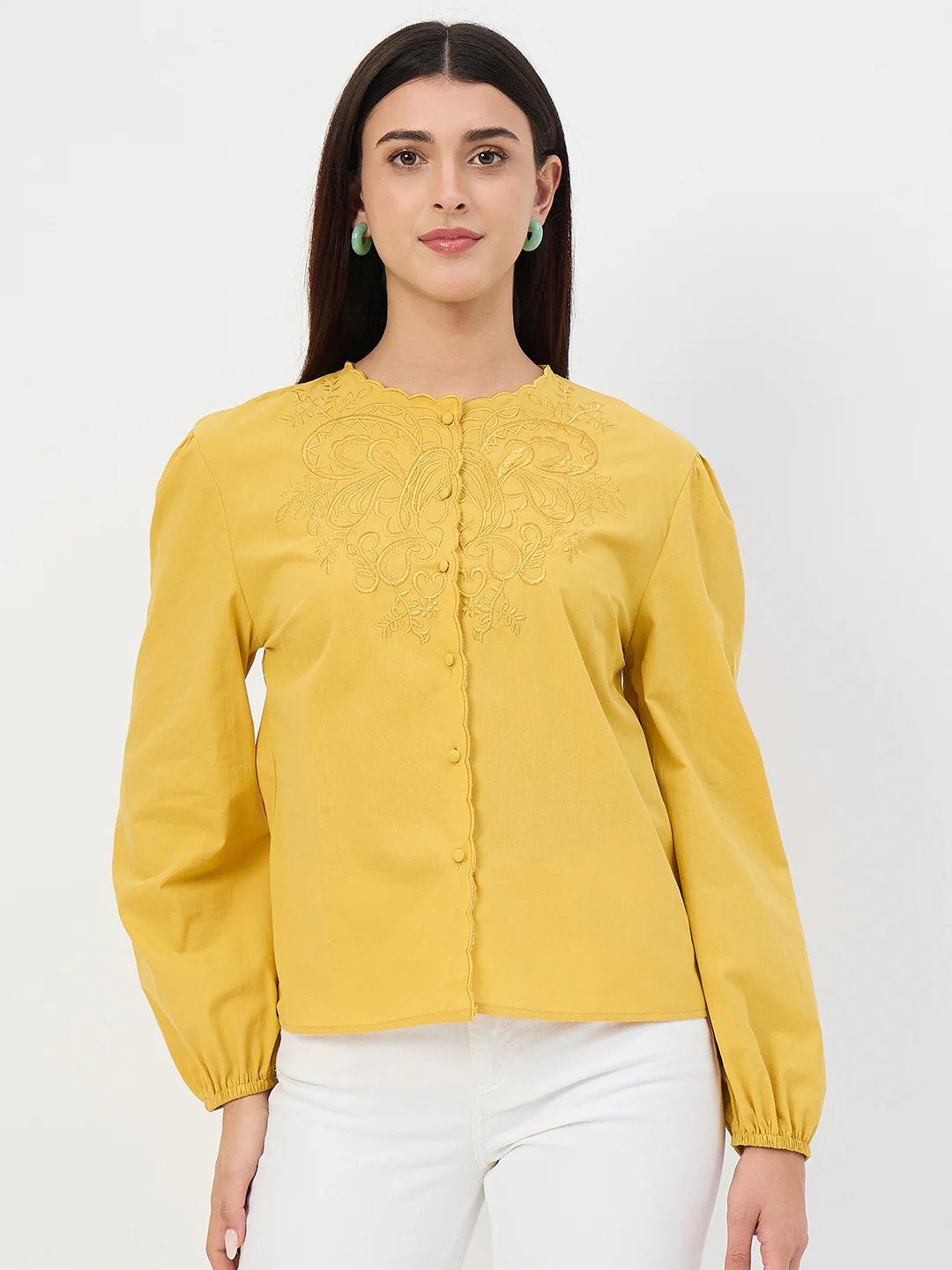 Madame Amber Haze Embroidered Puff-Sleeve Cotton Top - Image 2