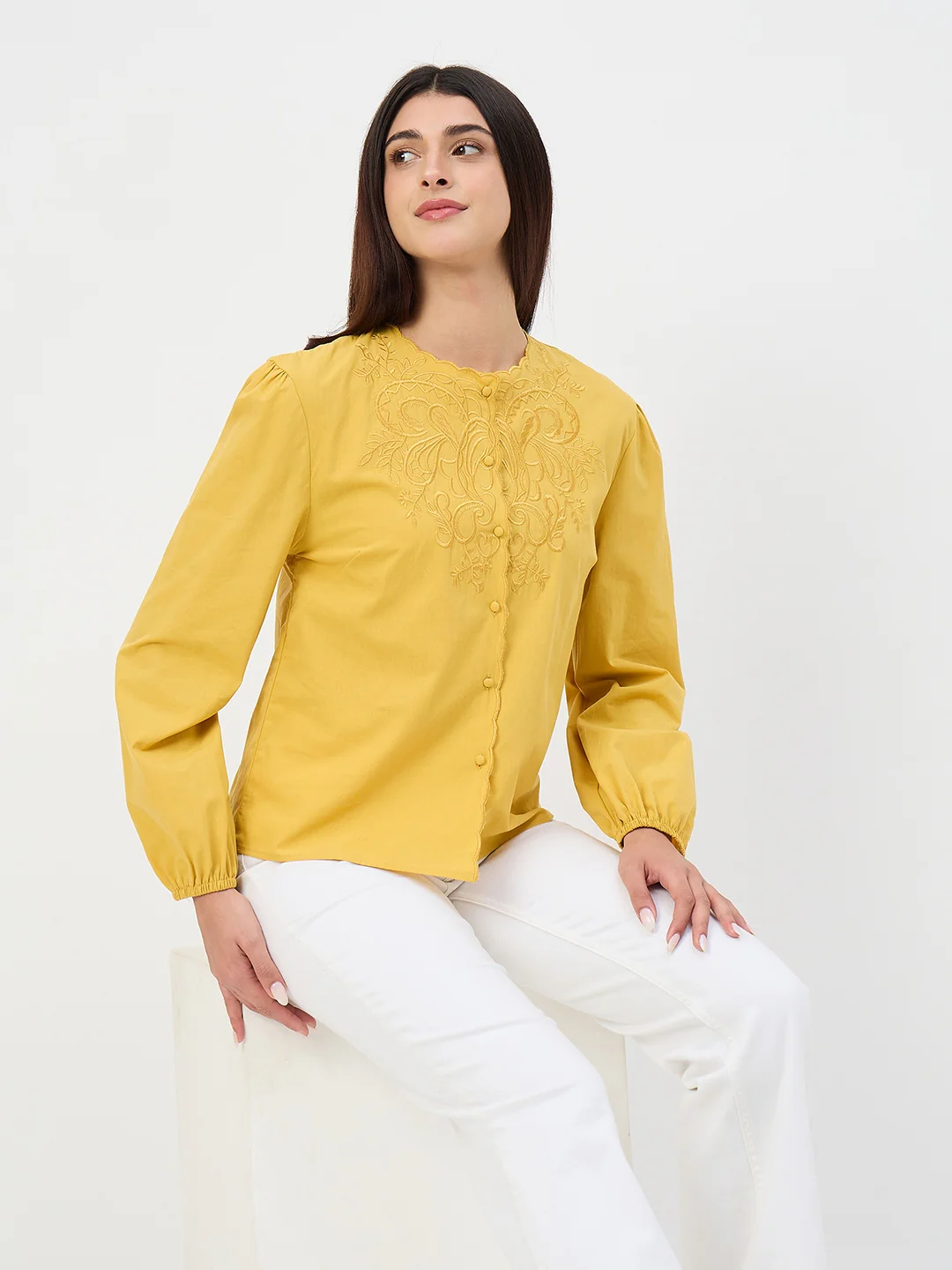 Madame Amber Haze Embroidered Puff-Sleeve Cotton Top - Image 3