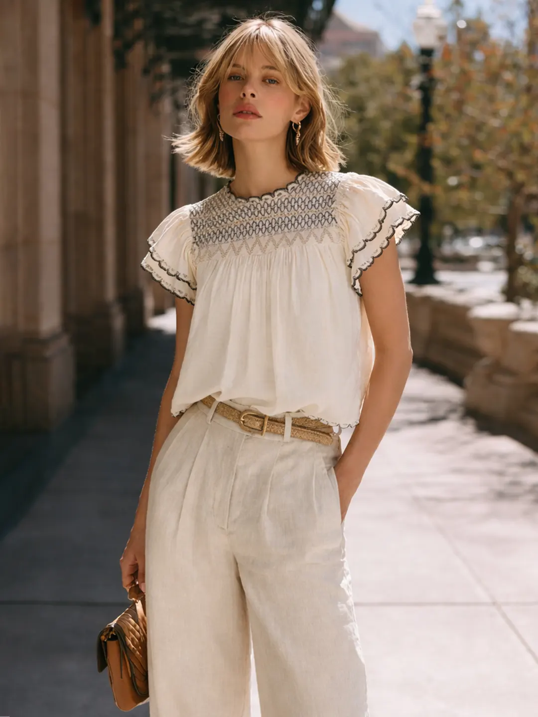 Madame Off-White Scallop-Trim Viscose Gather Top