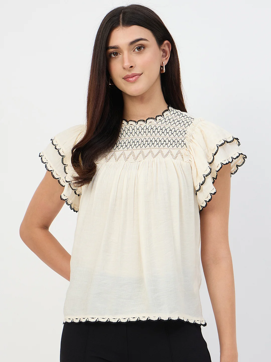 Madame Off-White Scallop-Trim Viscose Gather Top - Image 2