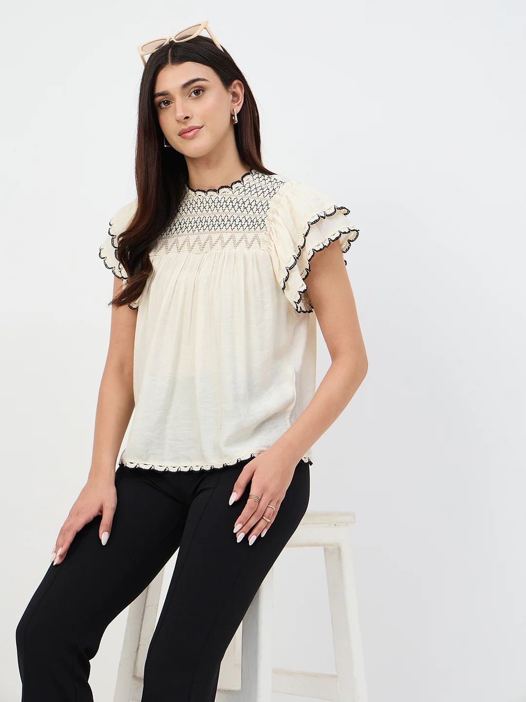 Madame Off-White Scallop-Trim Viscose Gather Top - Image 8