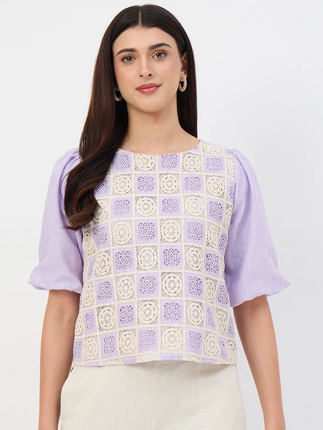 Madame Lilac Crochet Overlay Puff-Sleeve Top