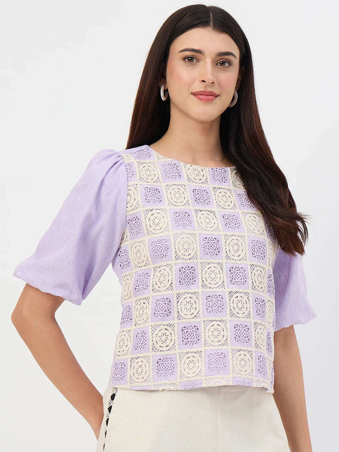 Madame Lilac Crochet Overlay Puff-Sleeve Top - Image 4