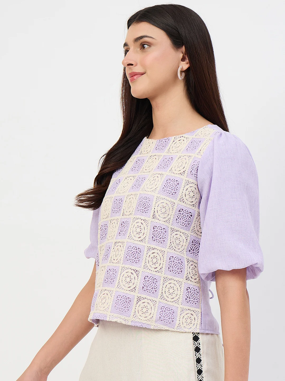Madame Lilac Crochet Overlay Puff-Sleeve Top - Image 5