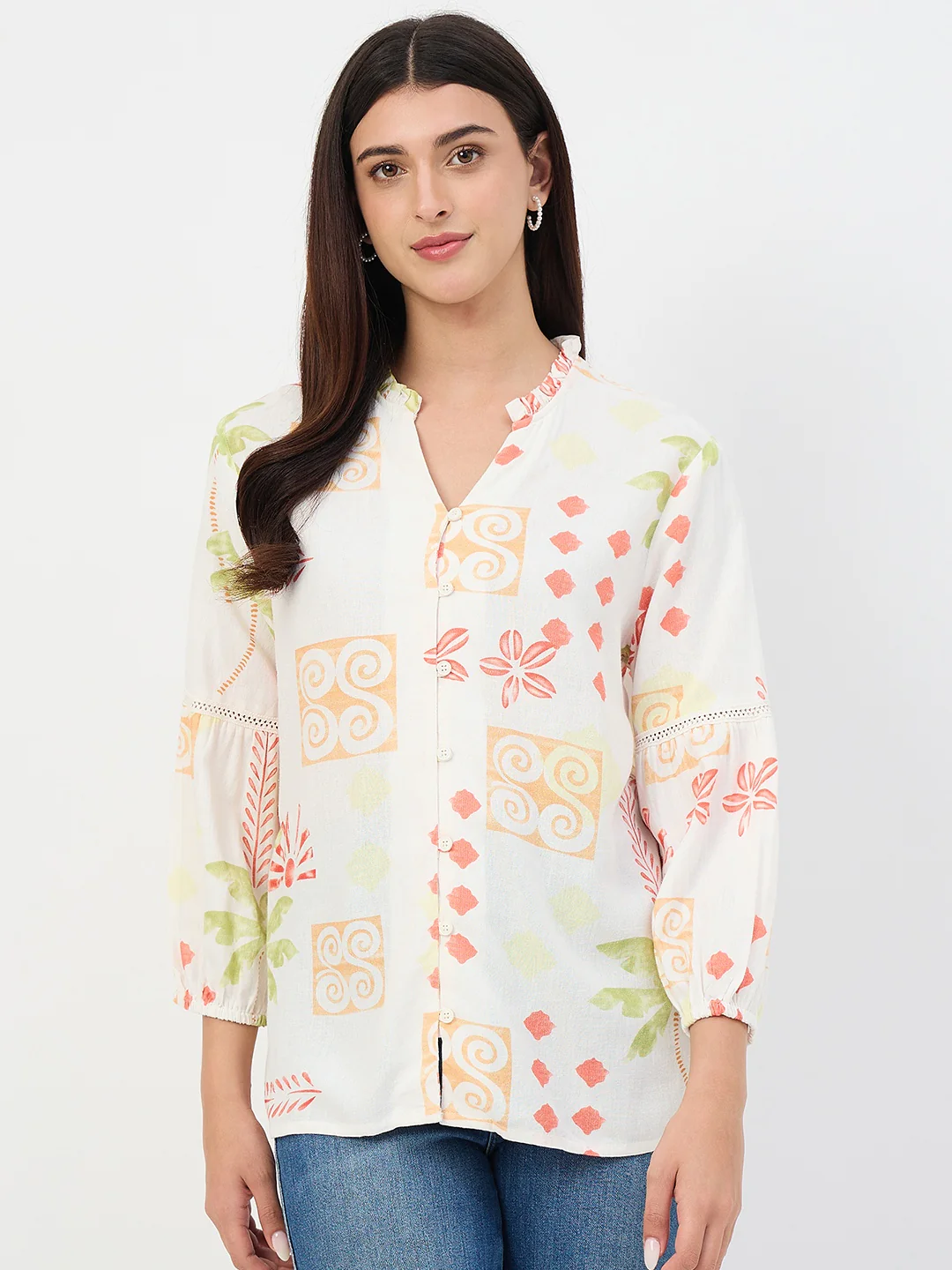 Madame Off-White Printed Mandarin-Collar Viscose Tunic - Image 2