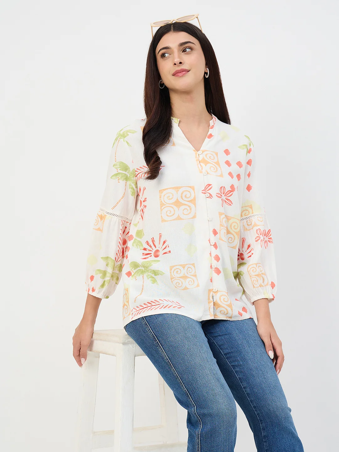 Madame Off-White Printed Mandarin-Collar Viscose Tunic - Image 3
