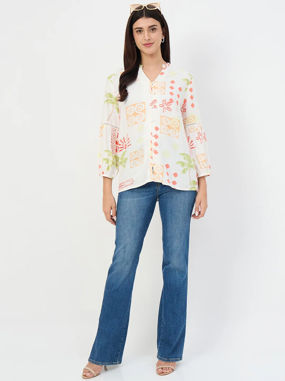 Madame Off-White Printed Mandarin-Collar Viscose Tunic - Image 4
