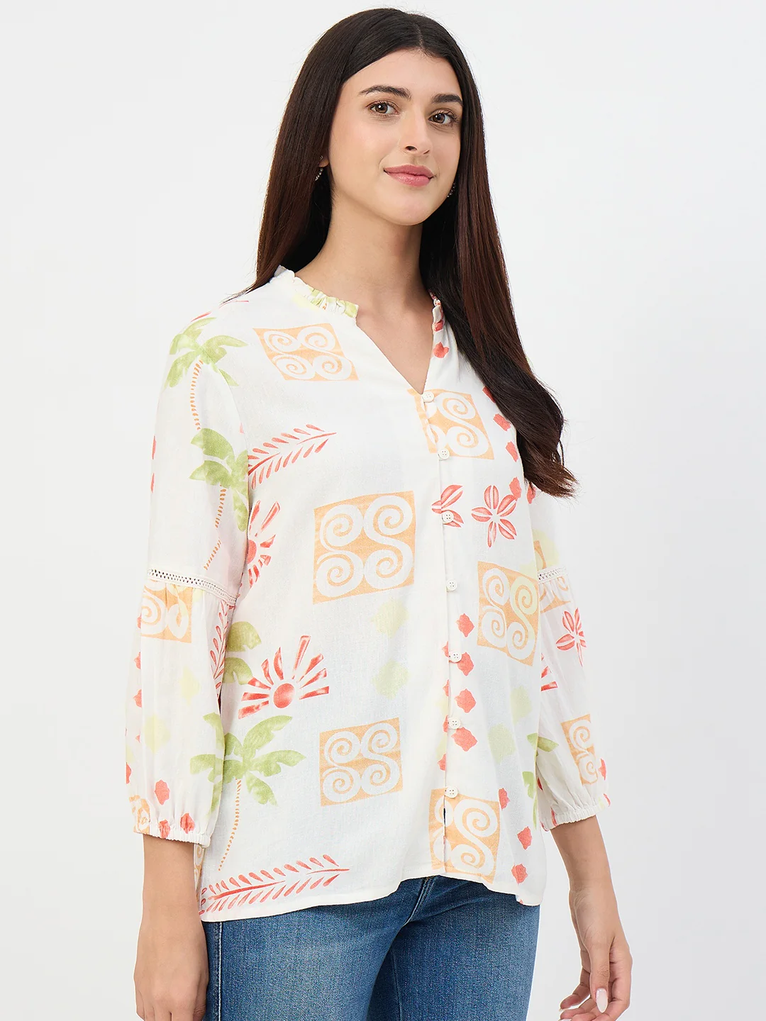 Madame Off-White Printed Mandarin-Collar Viscose Tunic - Image 5