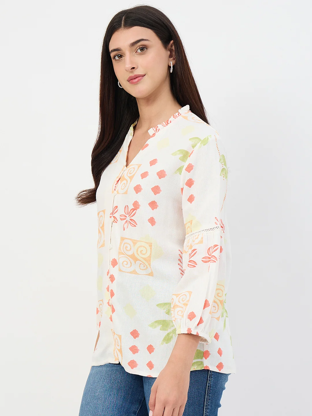 Madame Off-White Printed Mandarin-Collar Viscose Tunic - Image 6