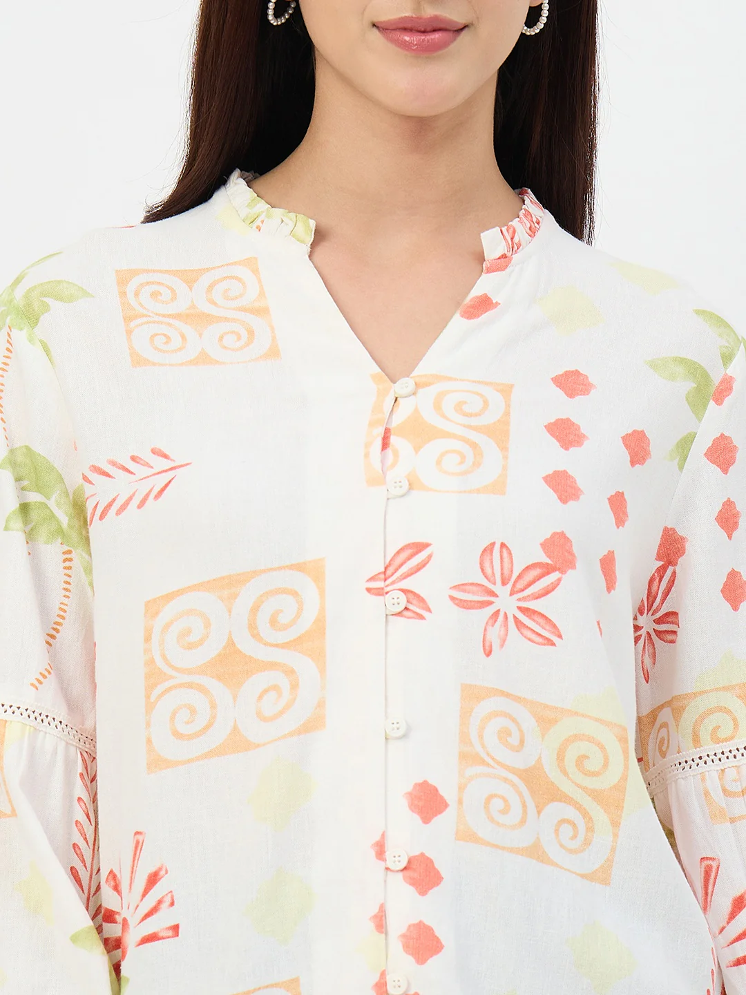 Madame Off-White Printed Mandarin-Collar Viscose Tunic - Image 8