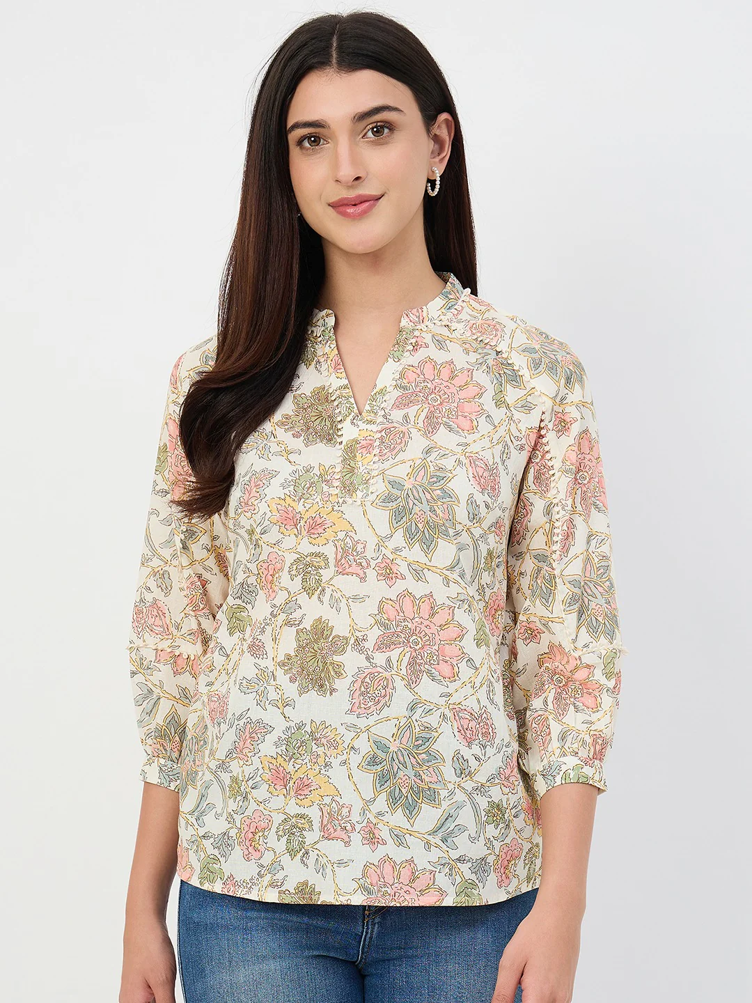 Madame Beige Printed Cotton-Blend Top
