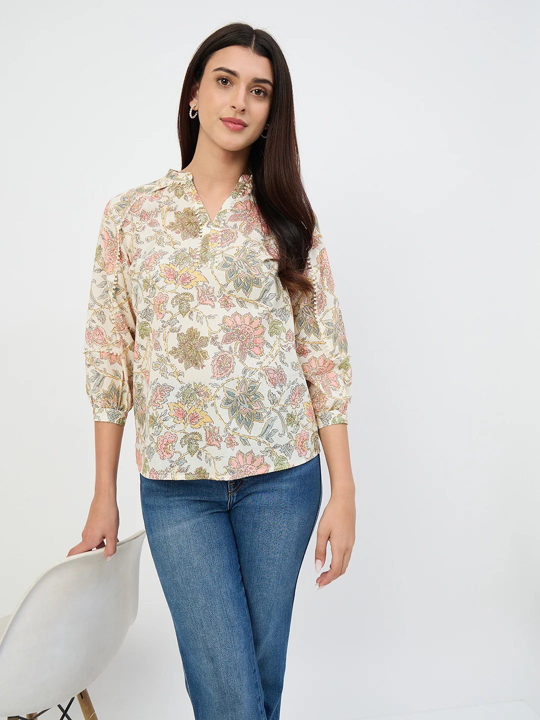 Madame Beige Printed Cotton-Blend Top - Image 2