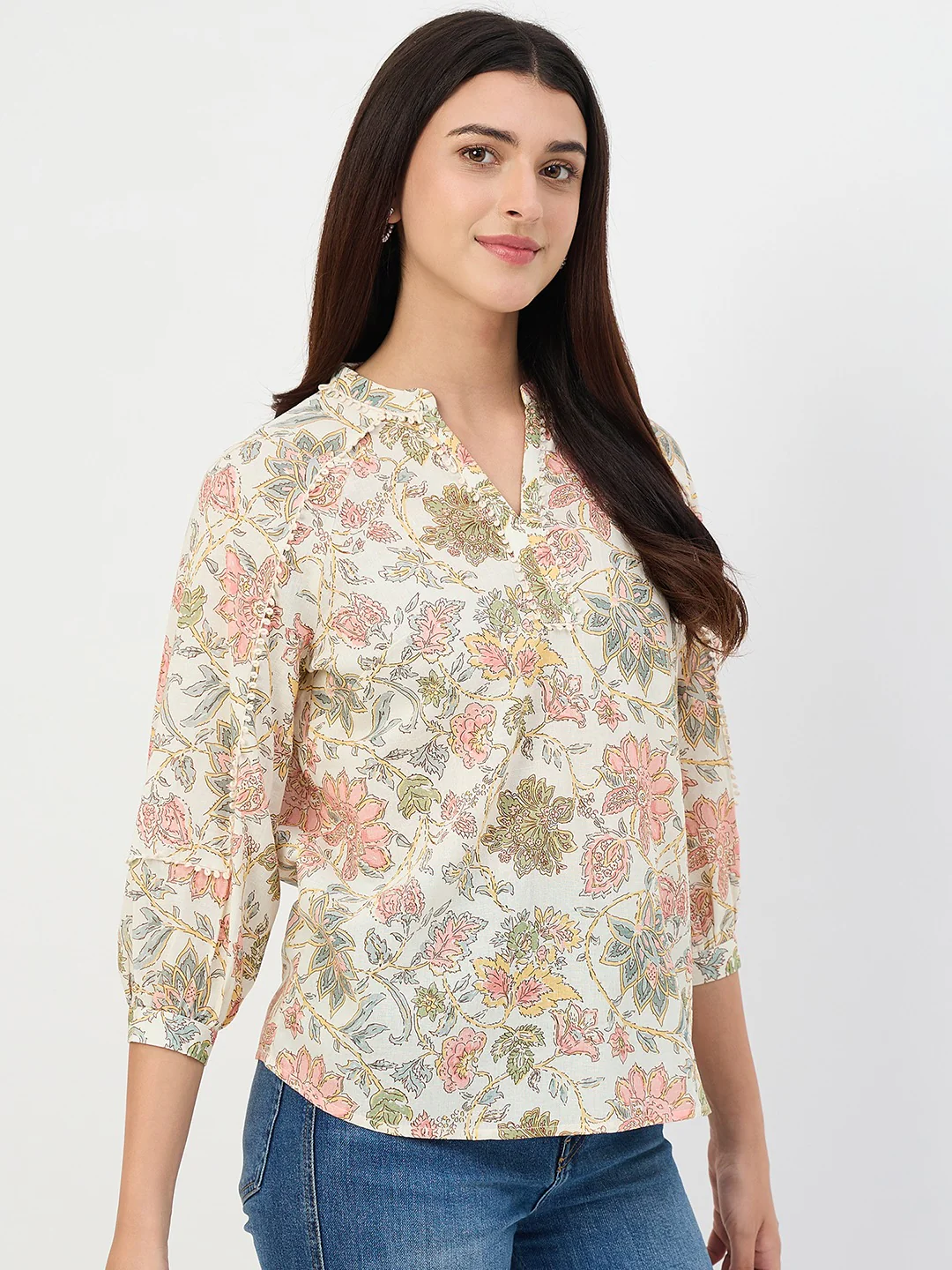 Madame Beige Printed Cotton-Blend Top - Image 4