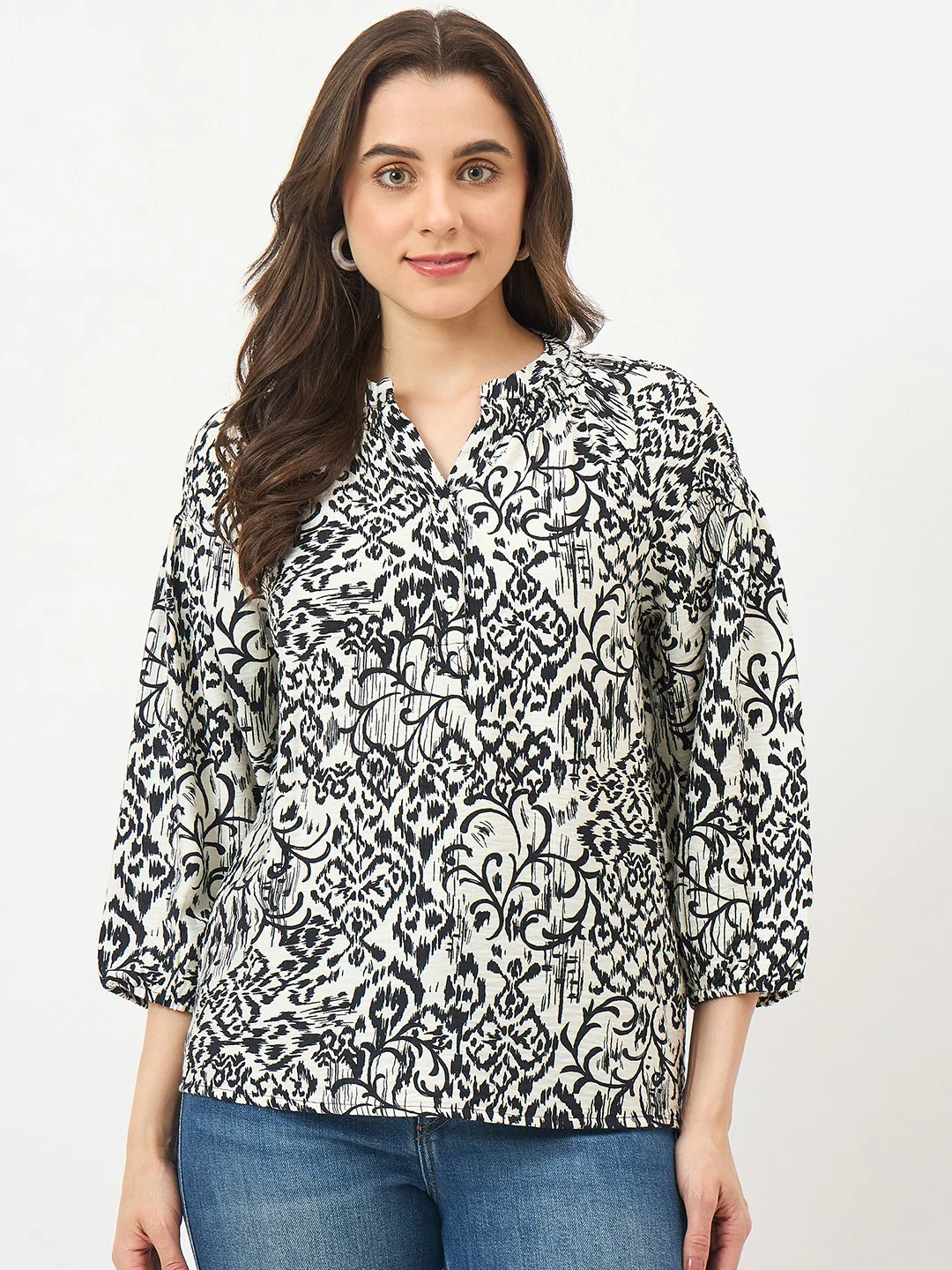 Madame Black Rayon-Blend Puff-Sleeve Top