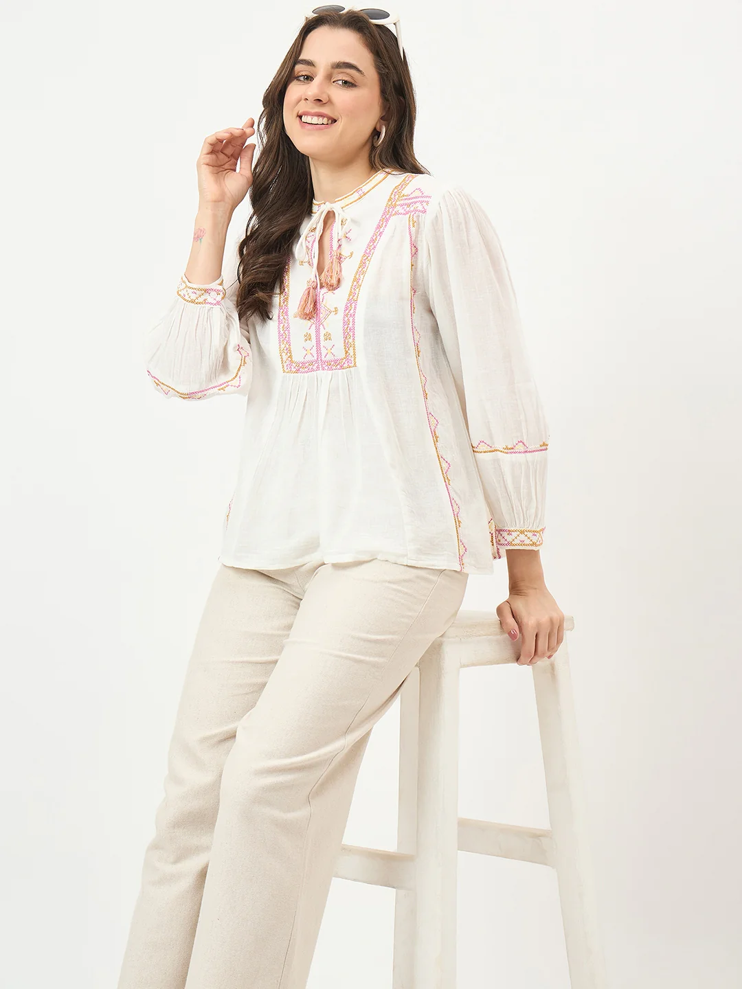 Madame Off-White Embroidered Cotton Mandarin Top - Image 2