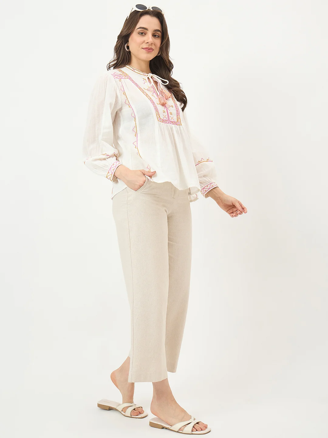 Madame Off-White Embroidered Cotton Mandarin Top - Image 3