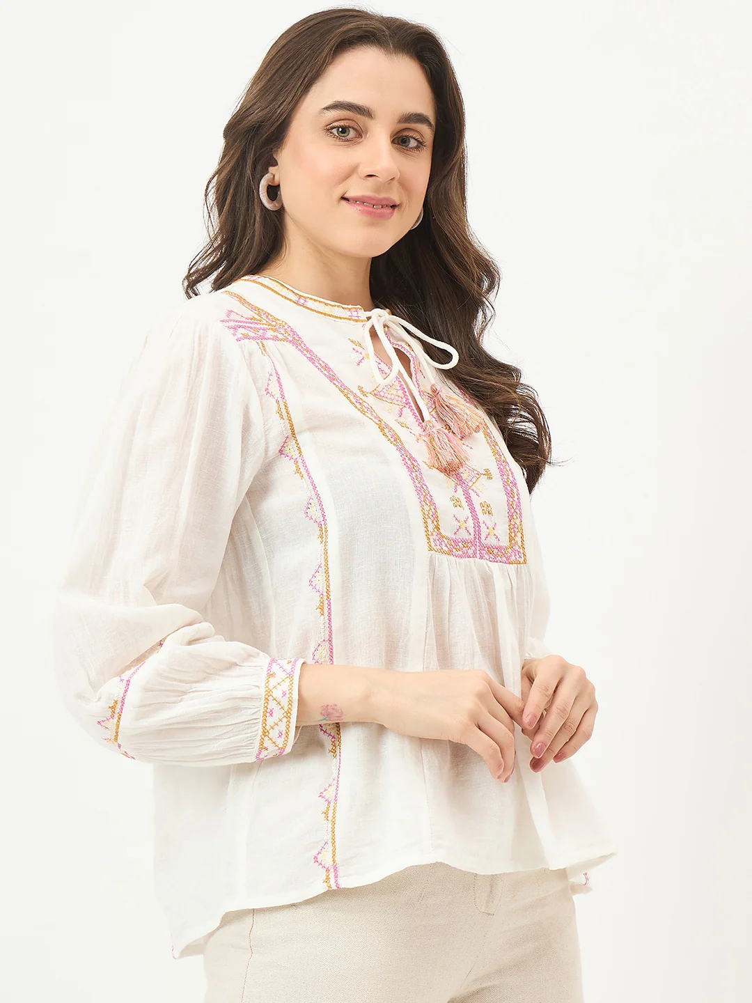 Madame Off-White Embroidered Cotton Mandarin Top - Image 4