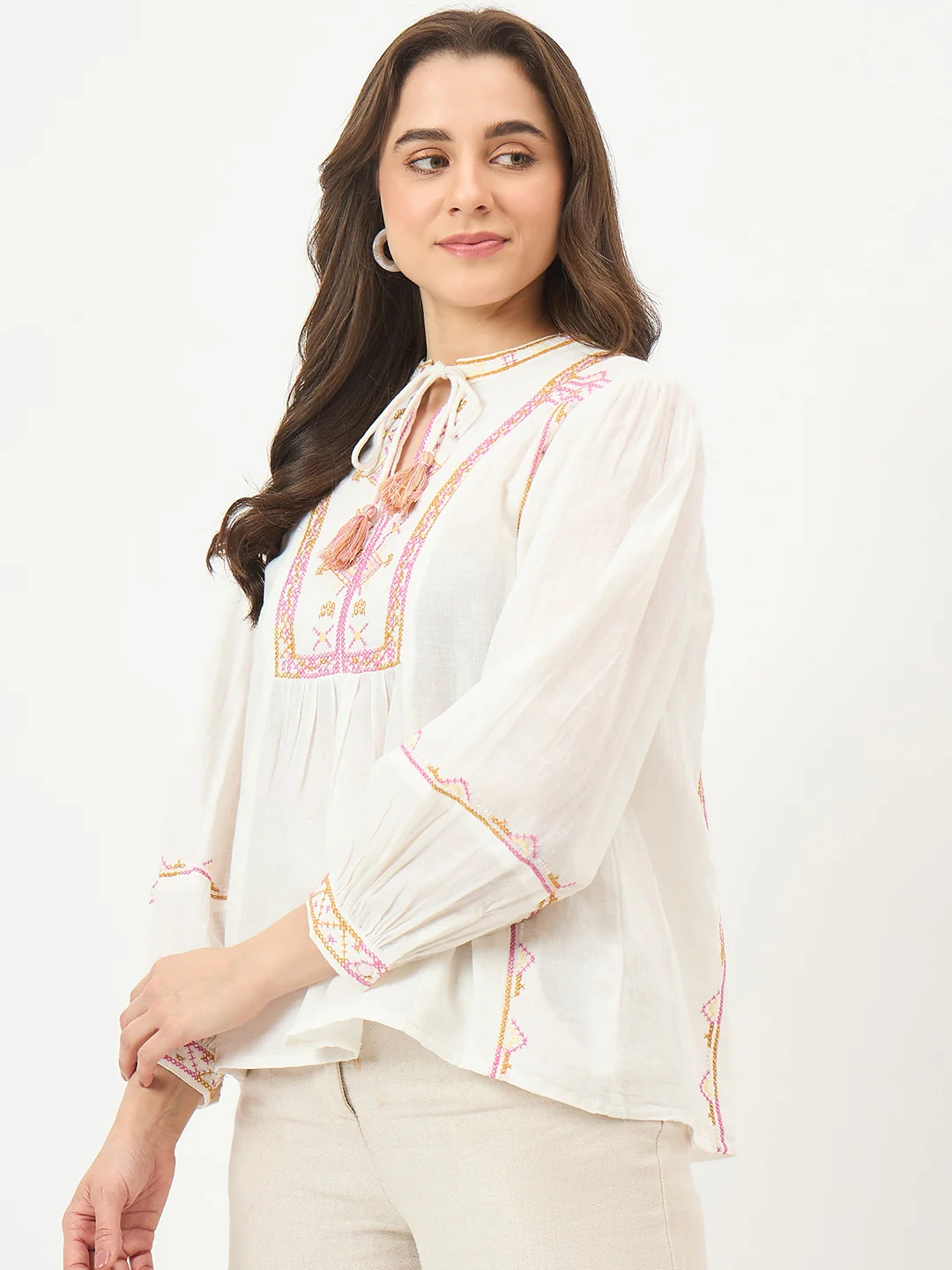 Madame Off-White Embroidered Cotton Mandarin Top - Image 5