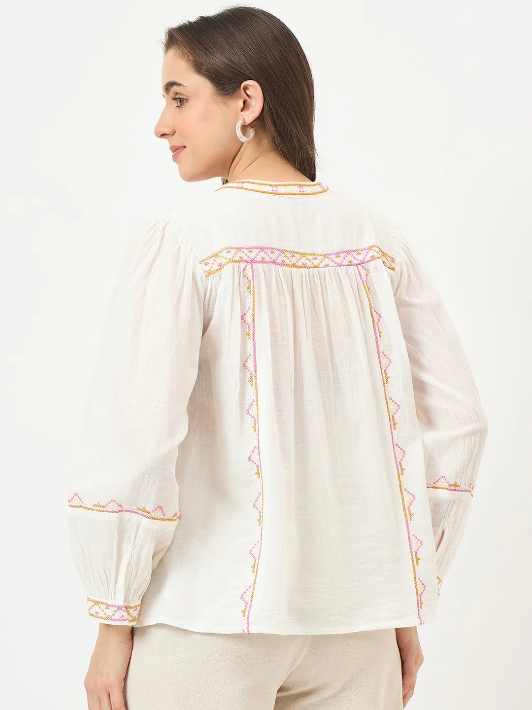 Madame Off-White Embroidered Cotton Mandarin Top - Image 6