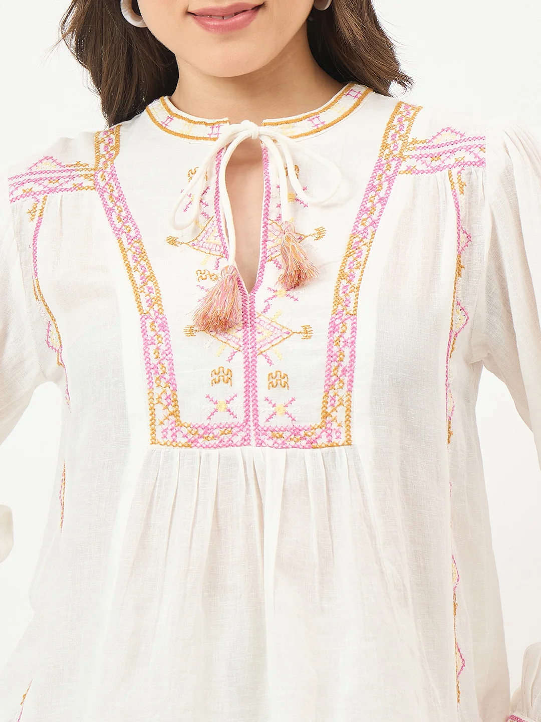 Madame Off-White Embroidered Cotton Mandarin Top - Image 7