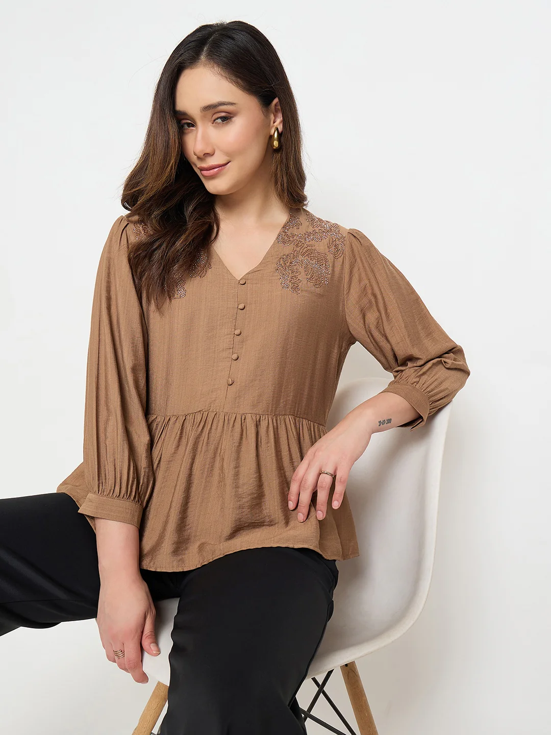 Madame Brown Embroidered Buttoned Peplum Top - Image 2