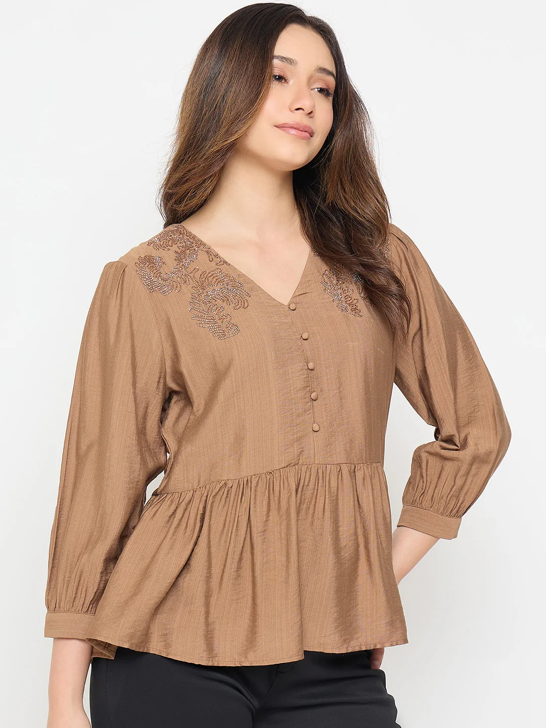 Madame Brown Embroidered Buttoned Peplum Top - Image 4