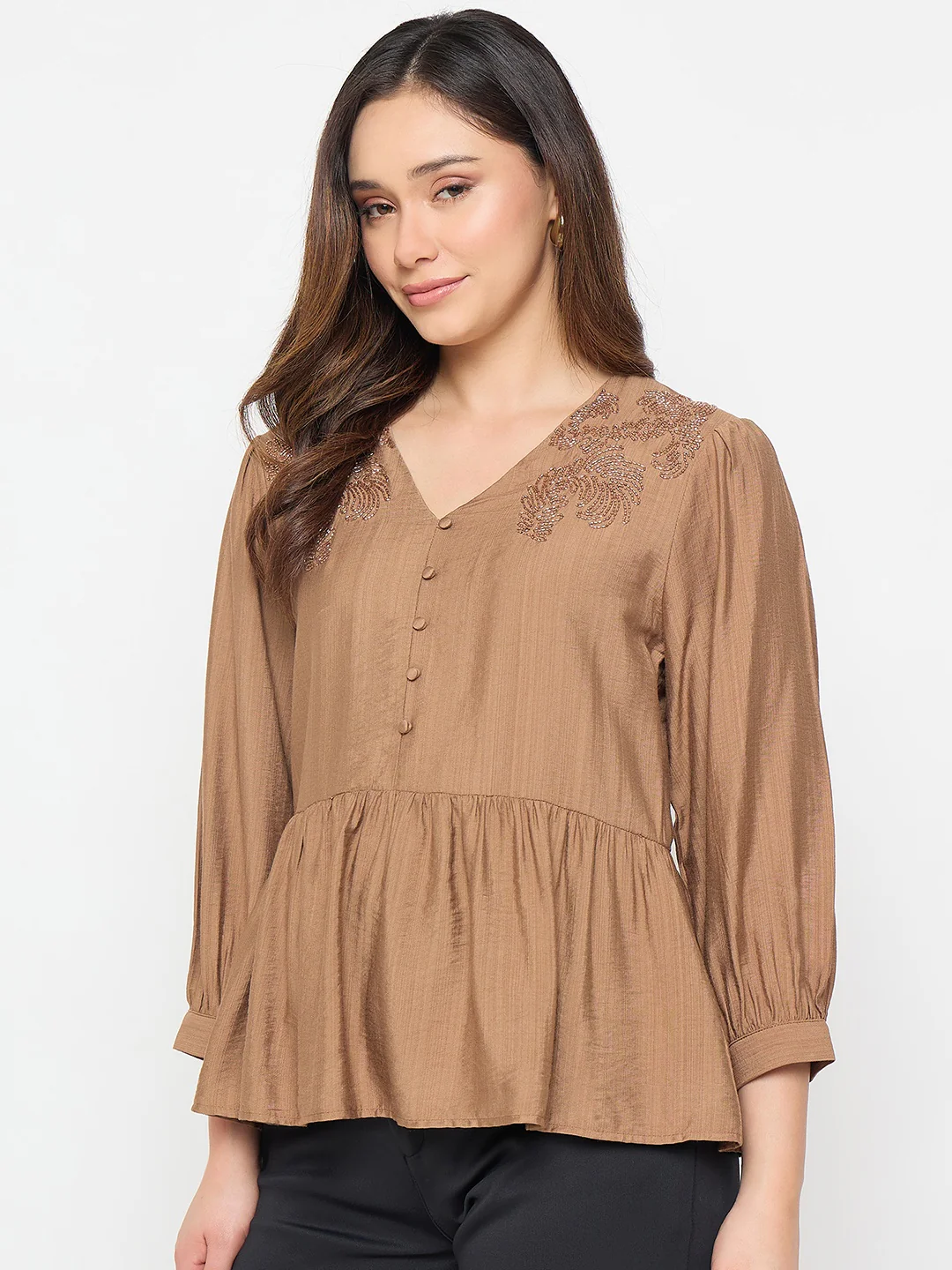 Madame Brown Embroidered Buttoned Peplum Top - Image 5