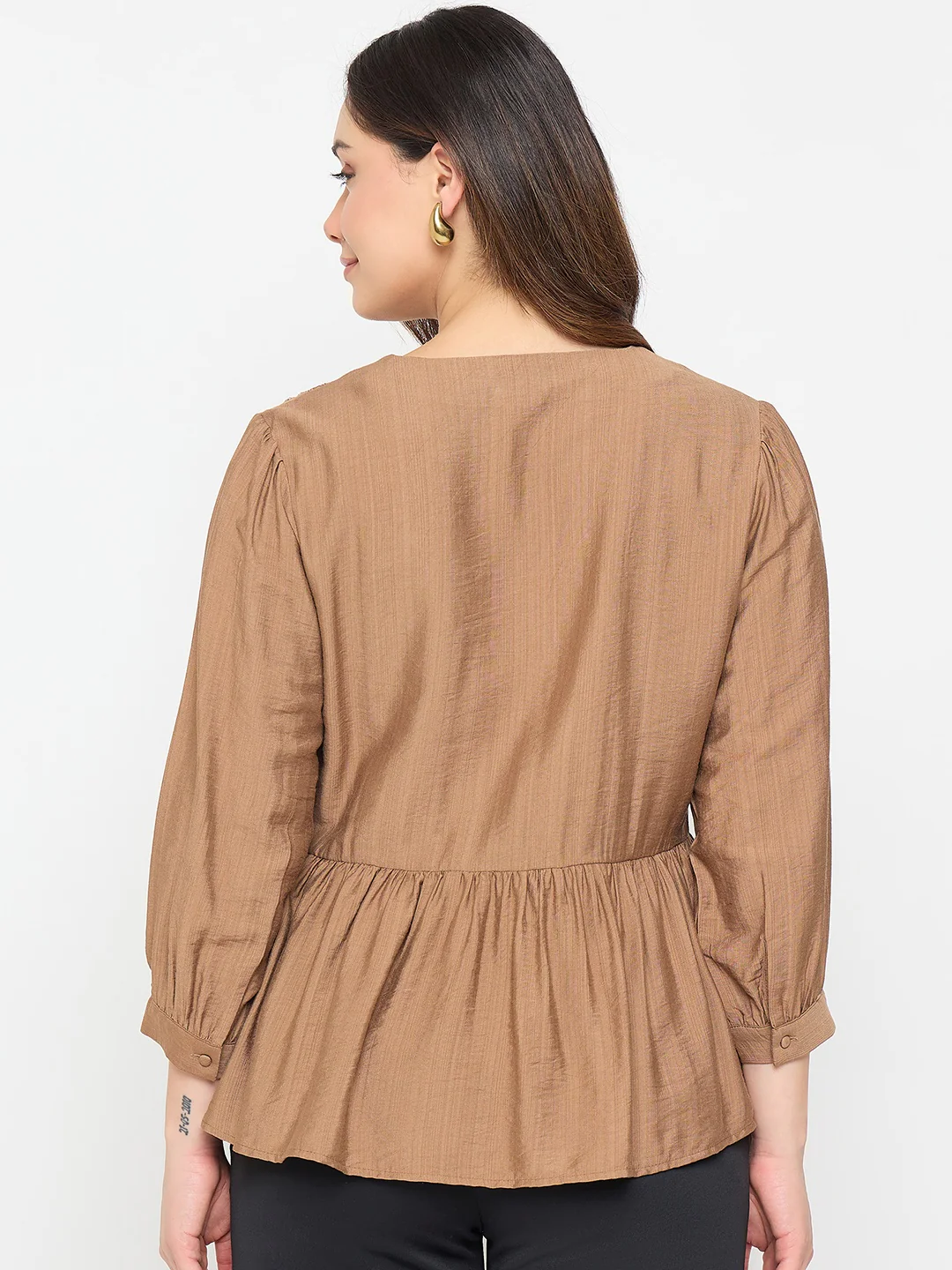 Madame Brown Embroidered Buttoned Peplum Top - Image 6