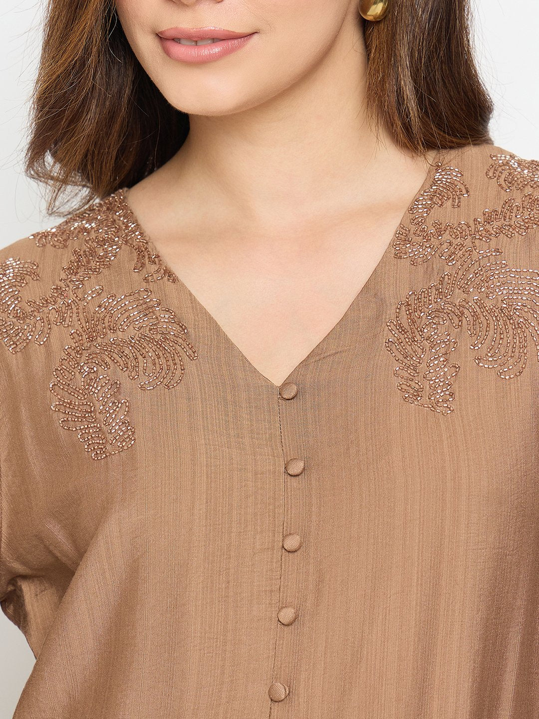 Madame Brown Embroidered Buttoned Peplum Top - Image 7