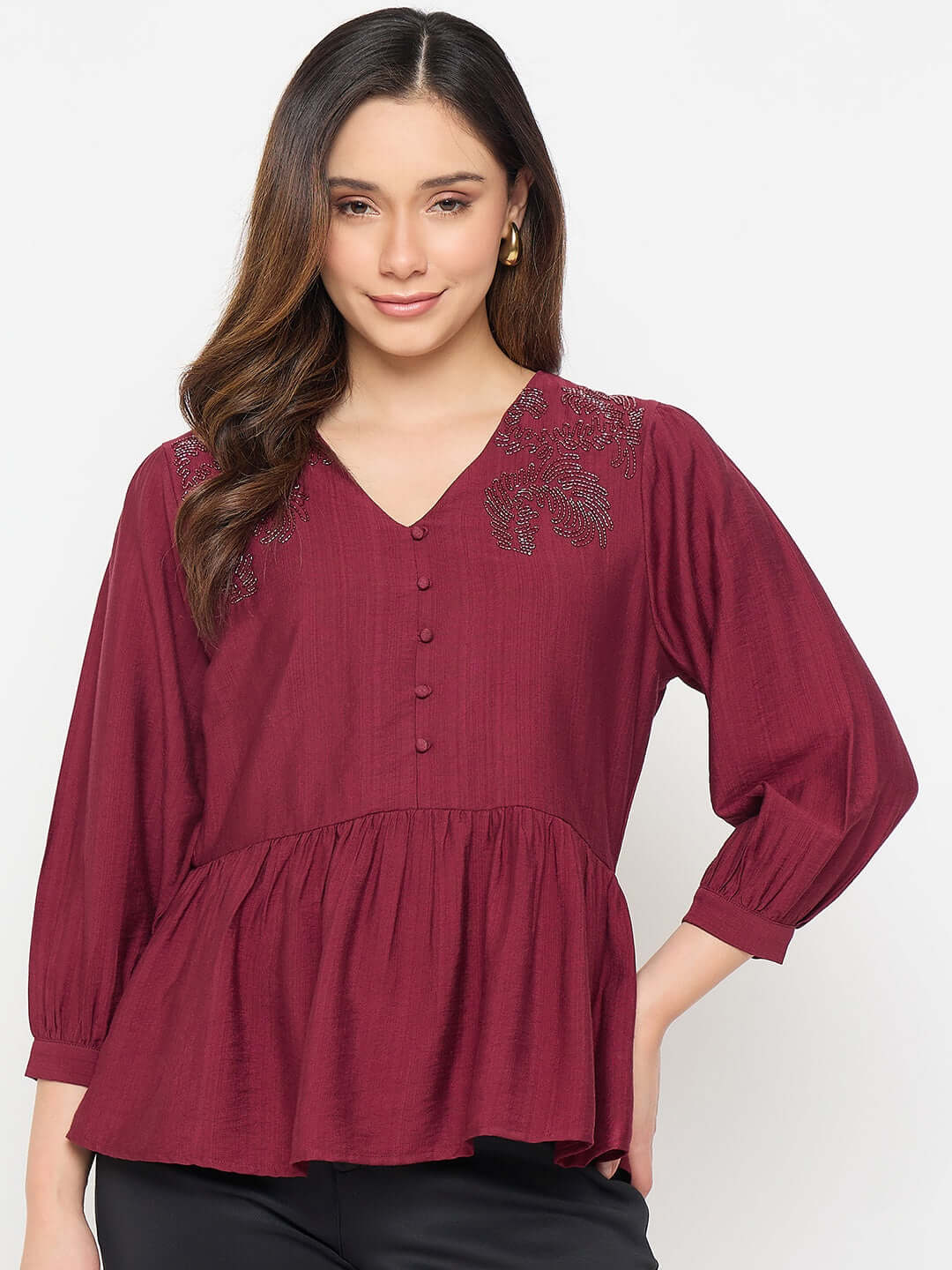 Madame Rayon Blend Wine Colour Peplum Top - Image 2