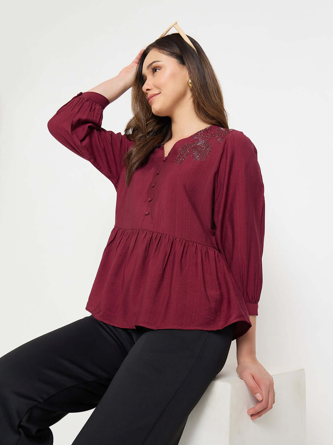 Madame Rayon Blend Wine Colour Peplum Top - Image 3