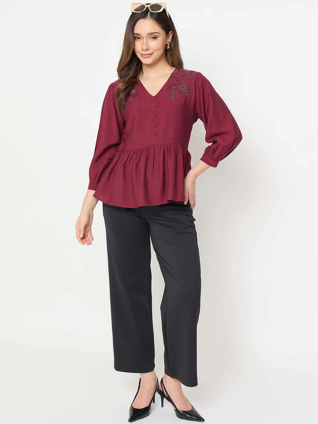 Madame Rayon Blend Wine Colour Peplum Top - Image 4