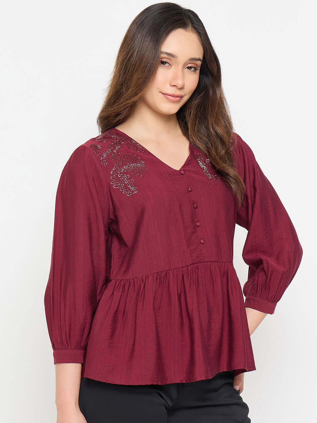 Madame Rayon Blend Wine Colour Peplum Top - Image 5