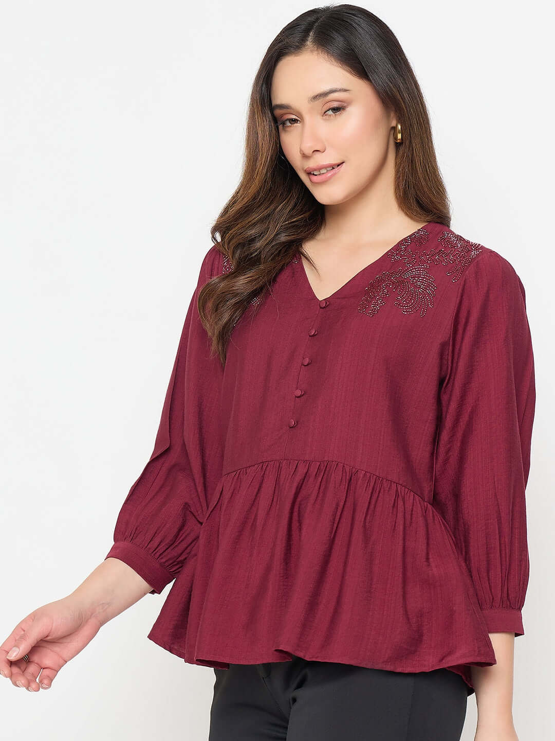 Madame Rayon Blend Wine Colour Peplum Top - Image 6