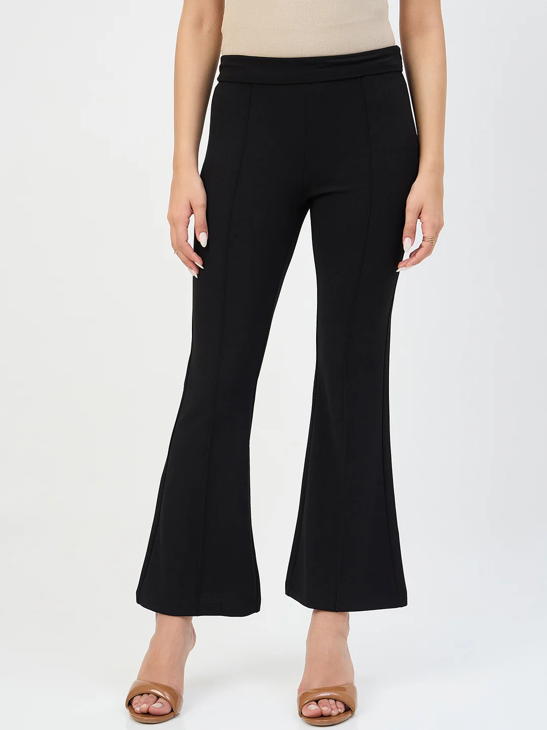 Madame Black Pleated Front Flared Trousers