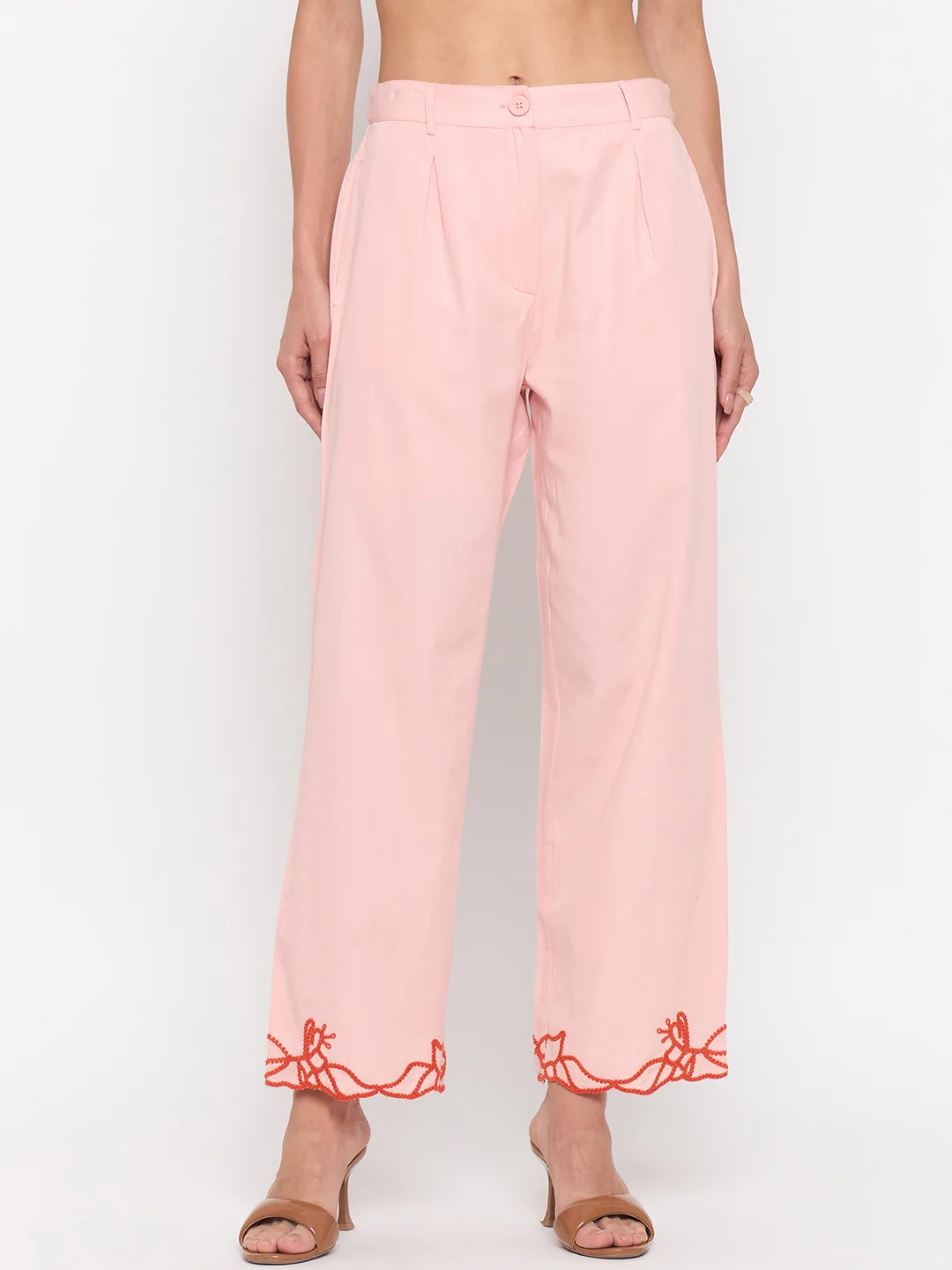 Madame Blush Pink Embroidered Cotton Trousers