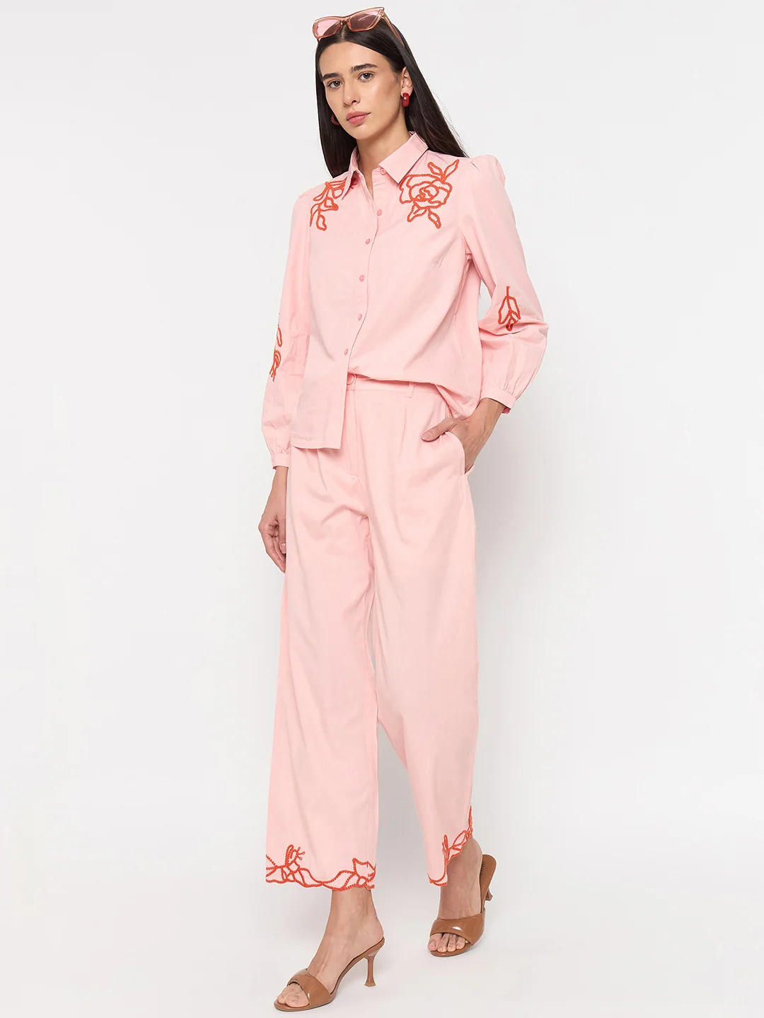 Madame Blush Pink Embroidered Cotton Trousers - Image 2
