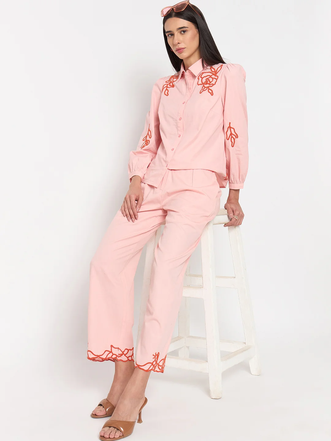 Madame Blush Pink Embroidered Cotton Trousers - Image 3