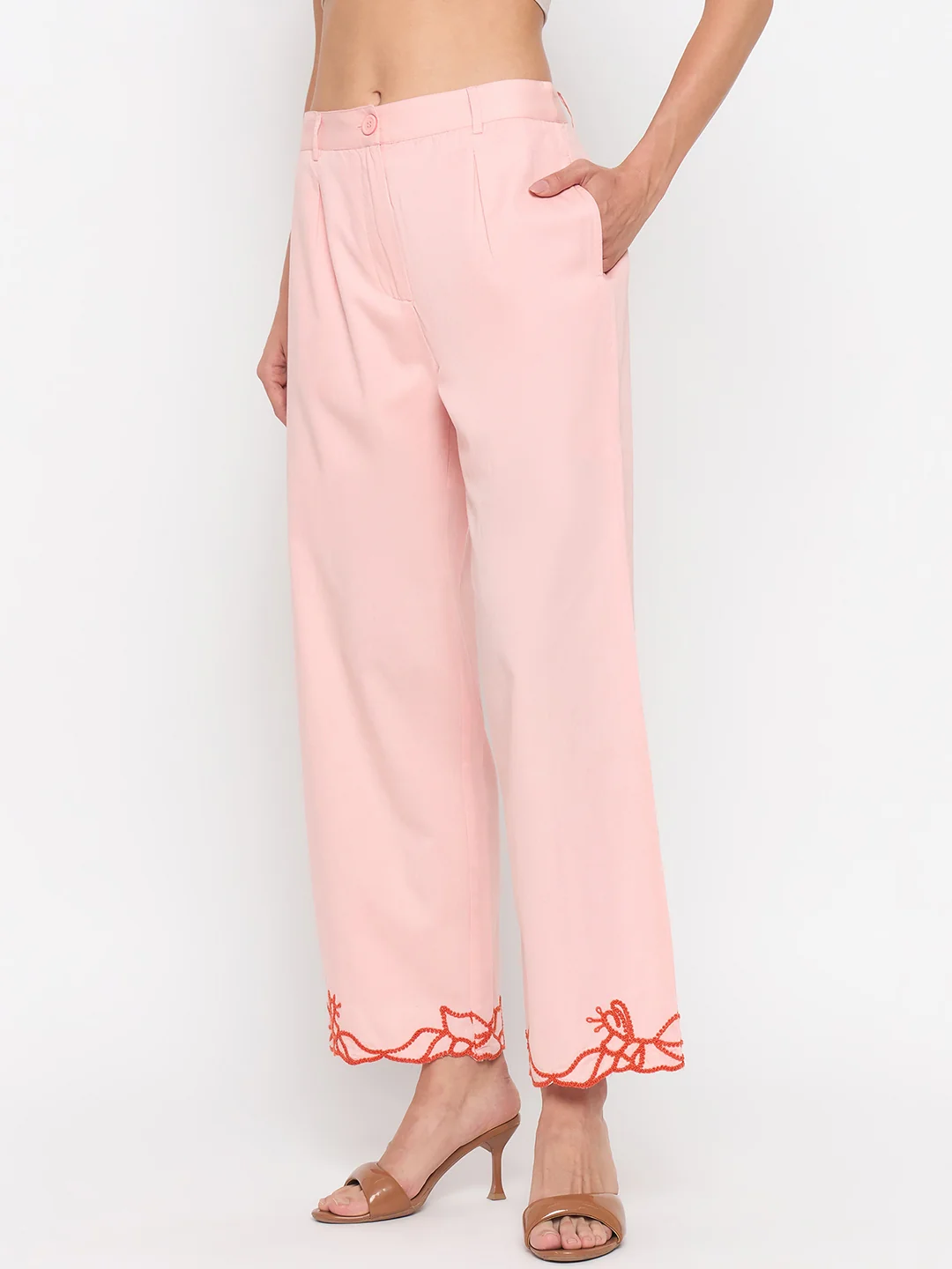 Madame Blush Pink Embroidered Cotton Trousers - Image 4