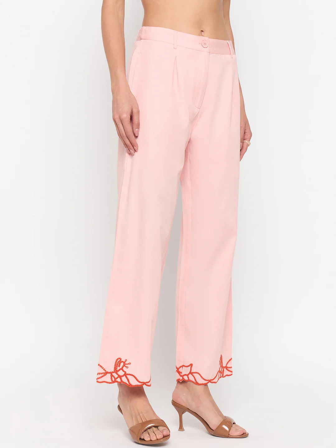 Madame Blush Pink Embroidered Cotton Trousers - Image 5