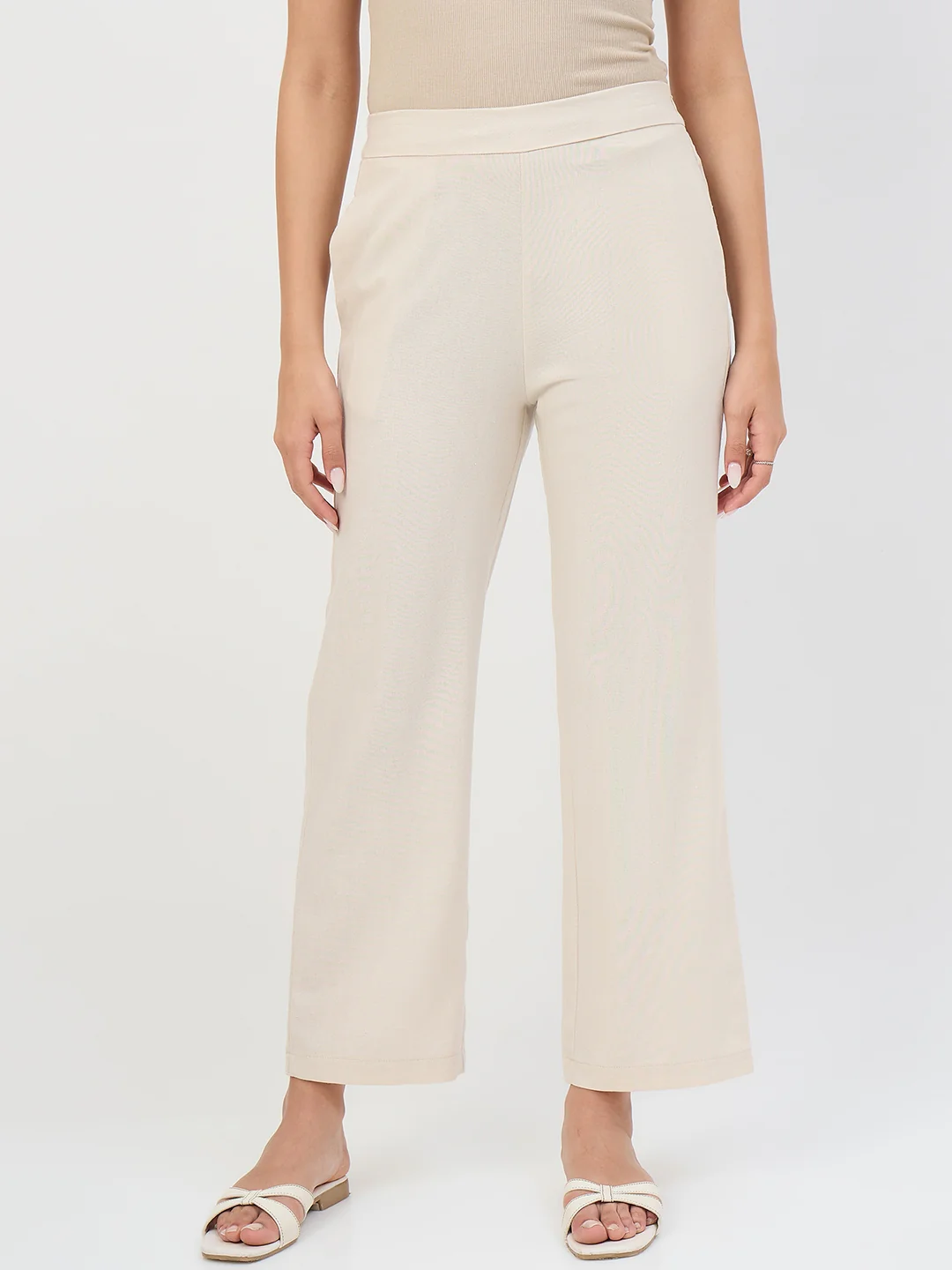 Madame Beige Elastic Waist Linen-Blend Trousers