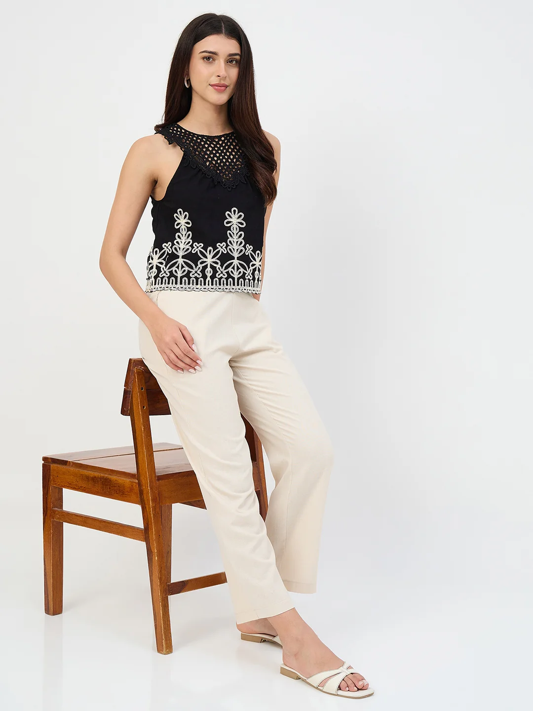 Madame Beige Elastic Waist Linen-Blend Trousers - Image 2