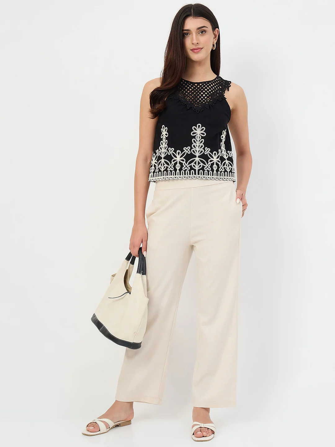 Madame Beige Elastic Waist Linen-Blend Trousers - Image 3