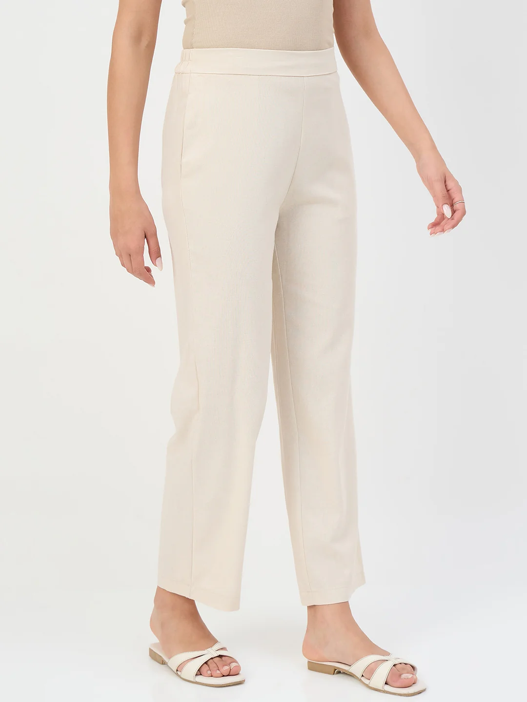 Madame Beige Elastic Waist Linen-Blend Trousers - Image 4