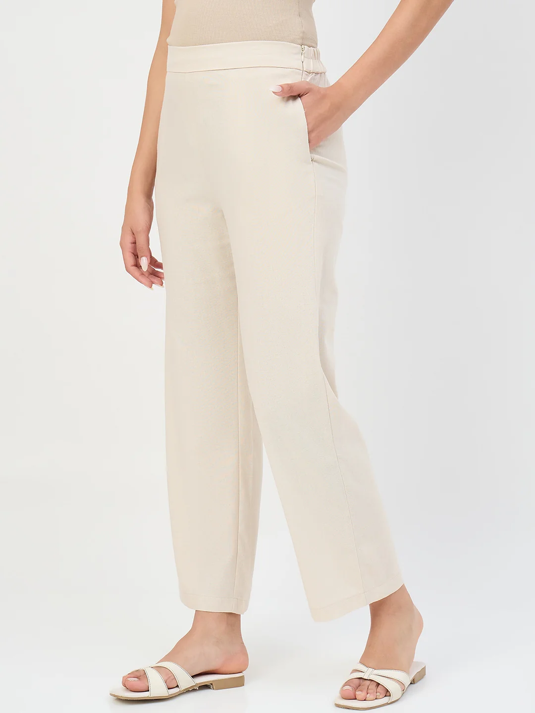 Madame Beige Elastic Waist Linen-Blend Trousers - Image 5