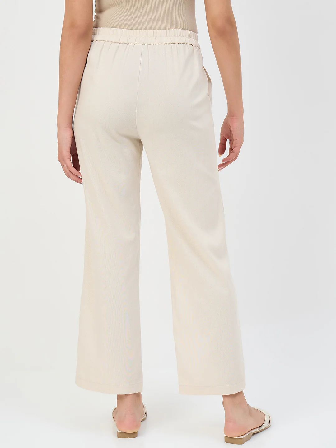 Madame Beige Elastic Waist Linen-Blend Trousers - Image 6