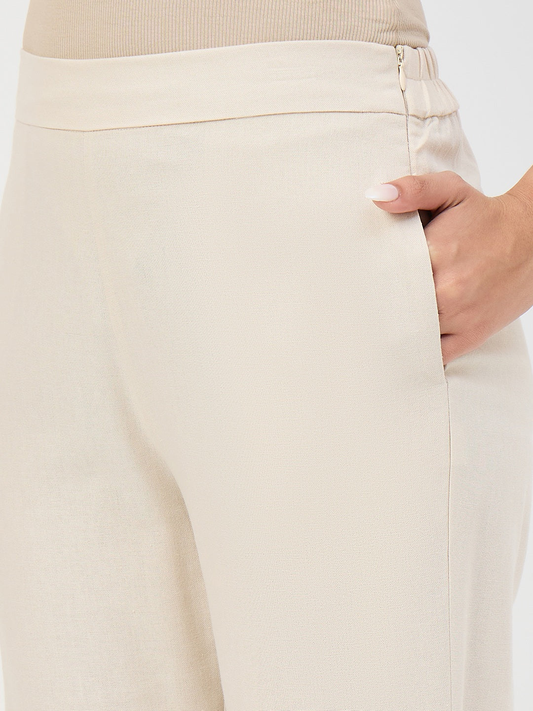 Madame Beige Elastic Waist Linen-Blend Trousers - Image 7