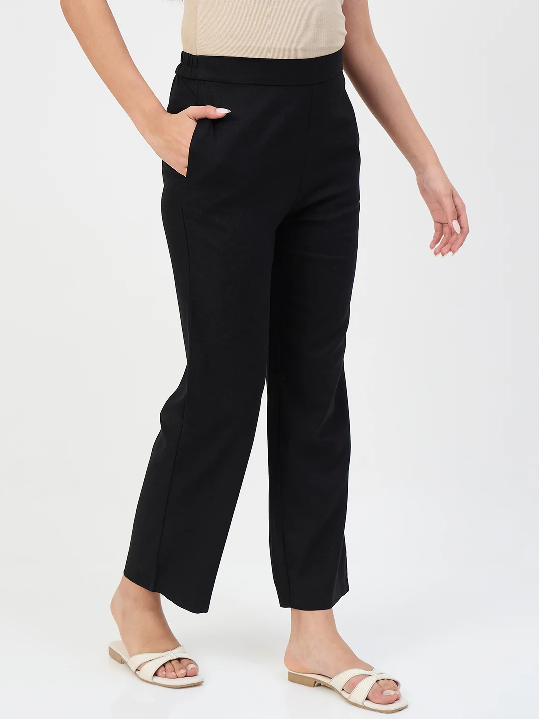 Madame Black Elastic Waist Linen-Blend Trousers - Image 4