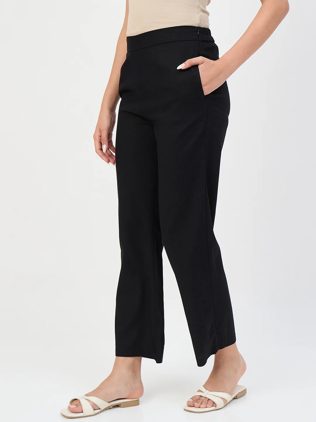Madame Black Elastic Waist Linen-Blend Trousers - Image 5